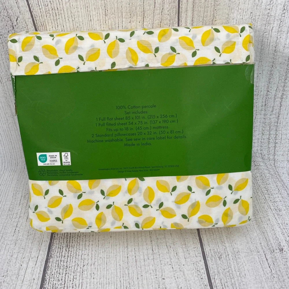 Kate Spade Lemon Print Full Sheet Set White Yellow Cotton Percale Crisp Bright